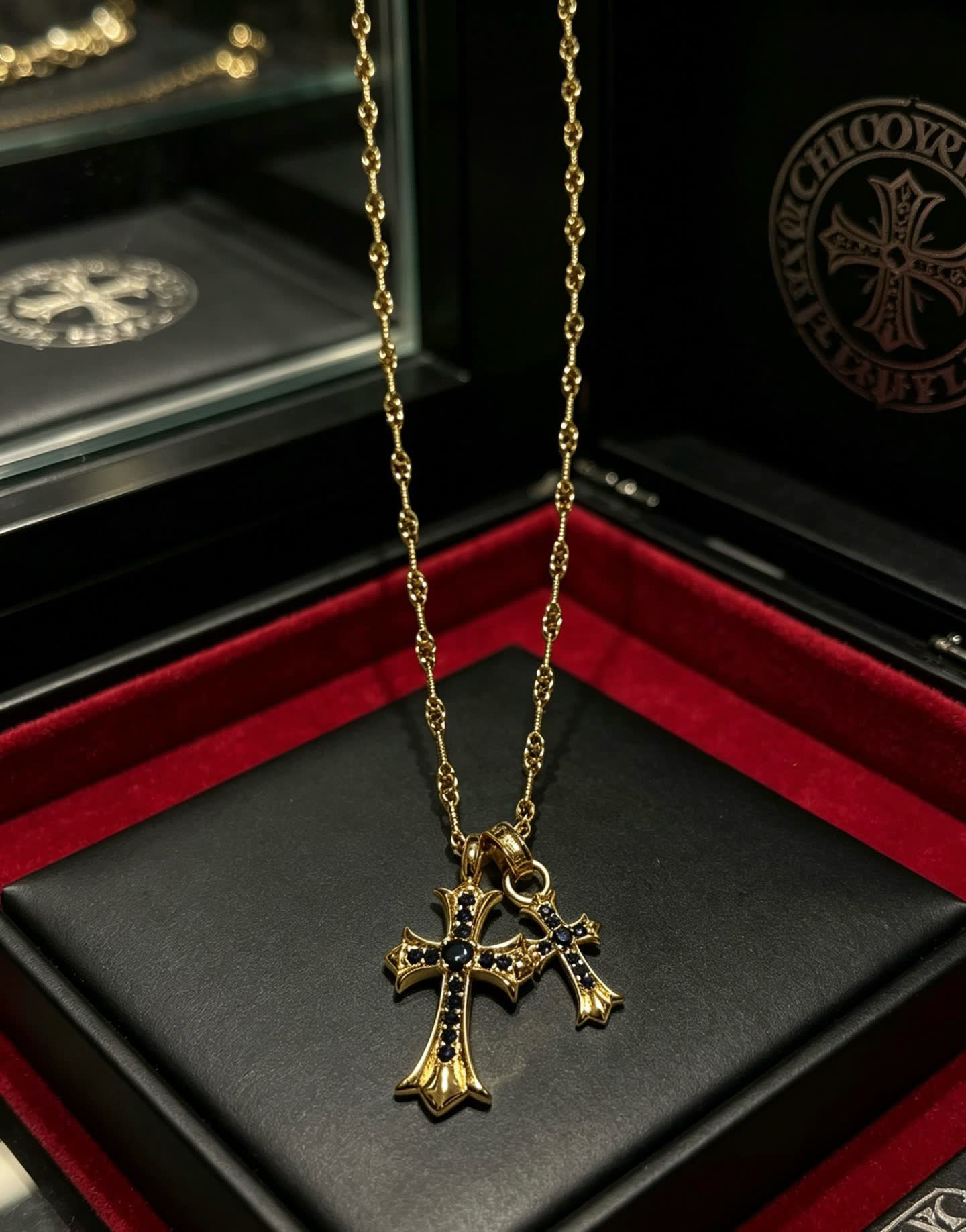 Chrome Hearts Gold Cross Pendant Necklace with Black Stones